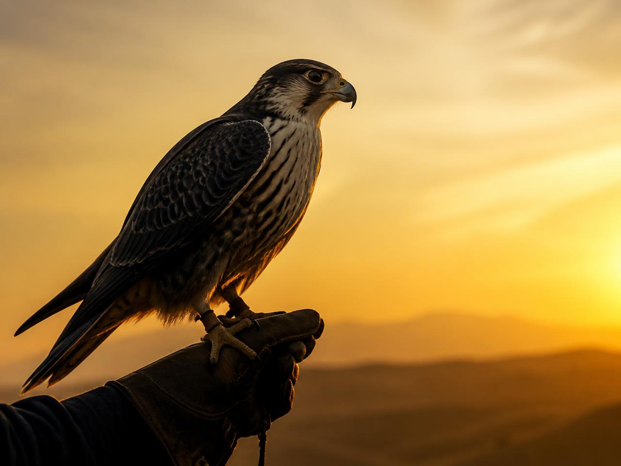 A falcon perched on a gloved hand against a golden desert sky