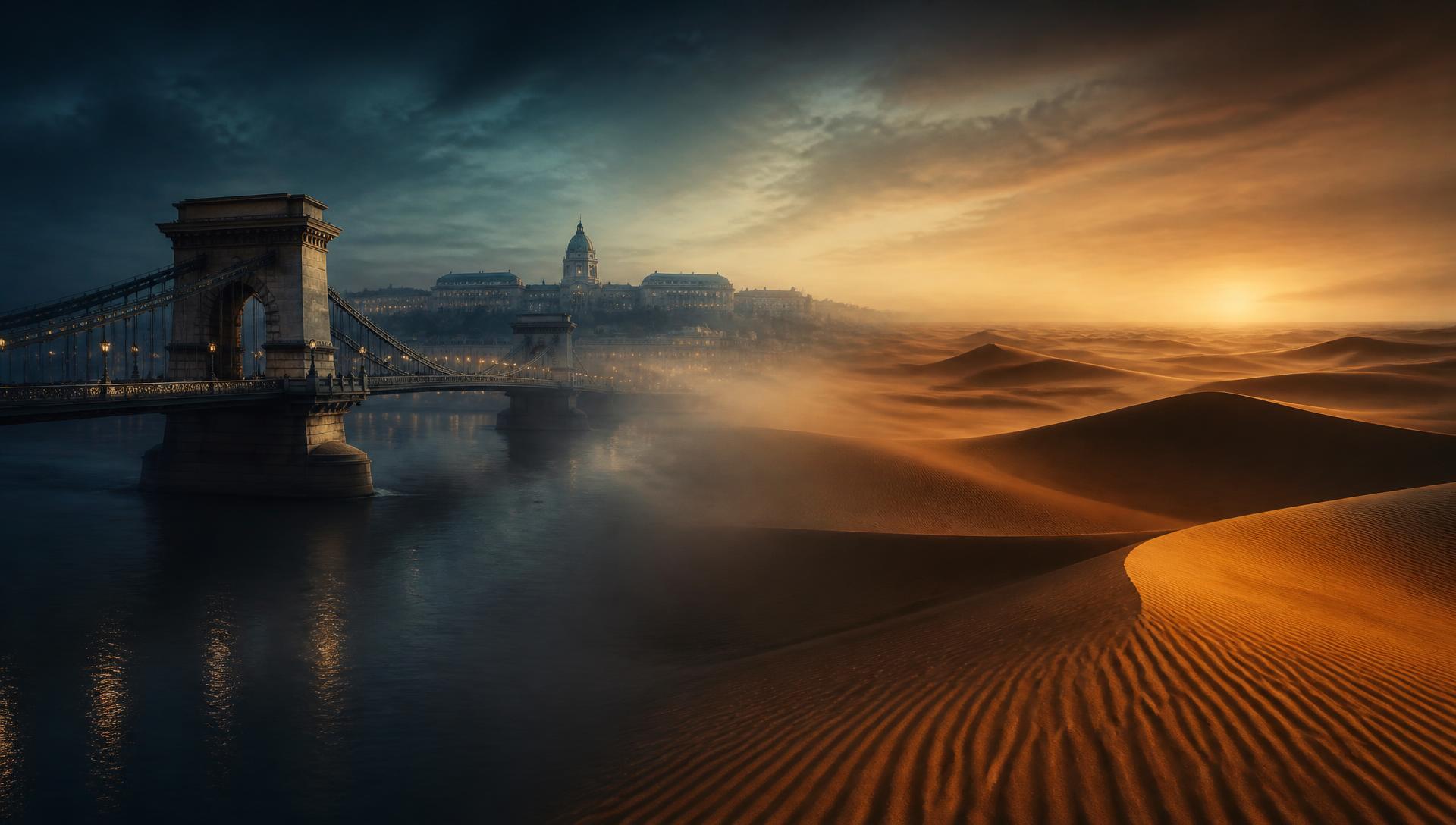 The Danube river meeting the desert dunes at dusk